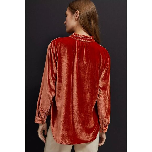 ANTHROPOLOGIE Kristianne Orange Velvet High Neck Ruffle Trim Blouse, Size XS - Picture 2 of 13